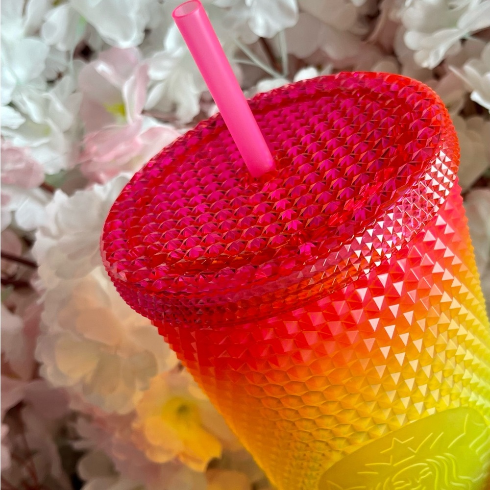 New Starbucks tumbler Pink Yellow Mango bling studded 24 oz cup Thailand - Picture 2 of 3